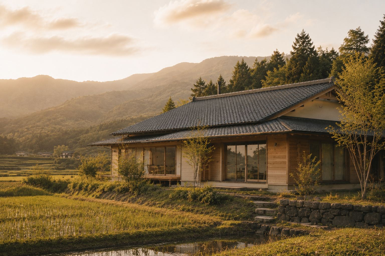 里山に佇む平屋の外観