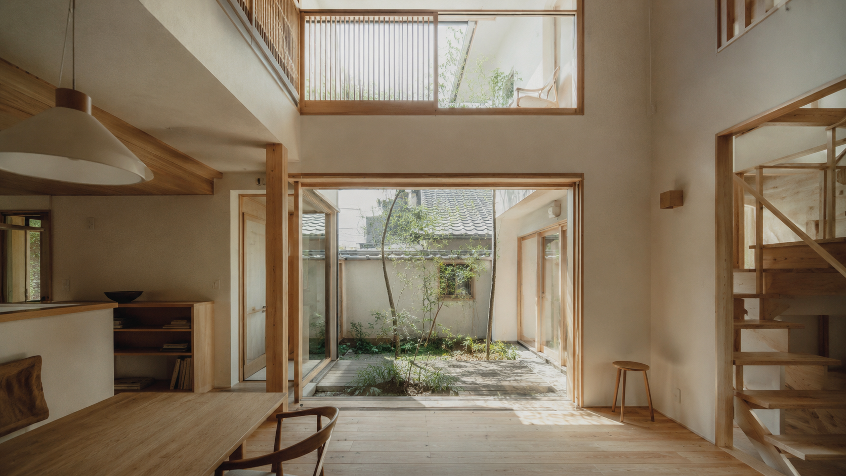 吹き抜けと中庭のある二階建ての家