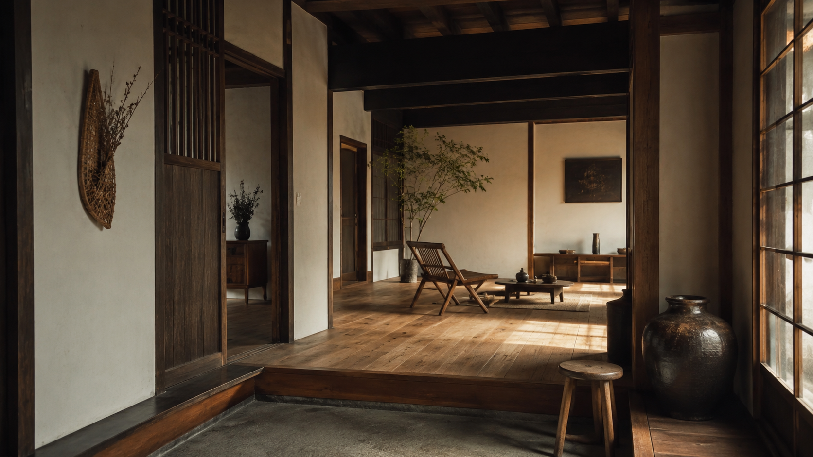 土間と古い梁のある玄関土間